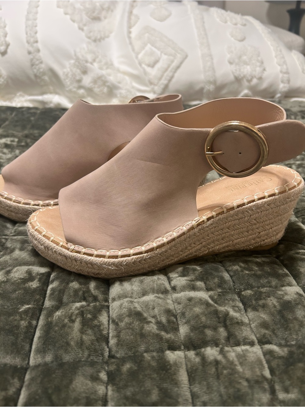 Catherine Malandrino tan/beige Espadrille Wedge Sandals with Gold Buckle